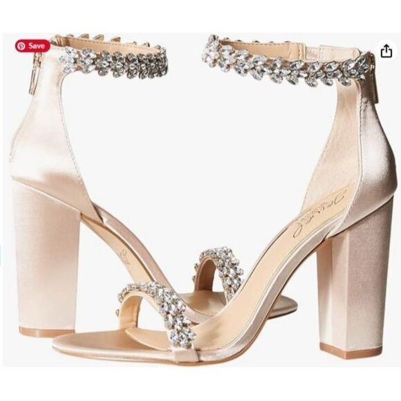 Jewel by Badgley Mischka Mayra Embellished Ankle Strap Black Heel Champagne Sati - Picture 1 of 16